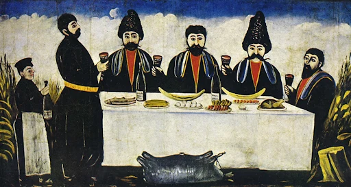 A painting of men raising glasses around a table set with food.