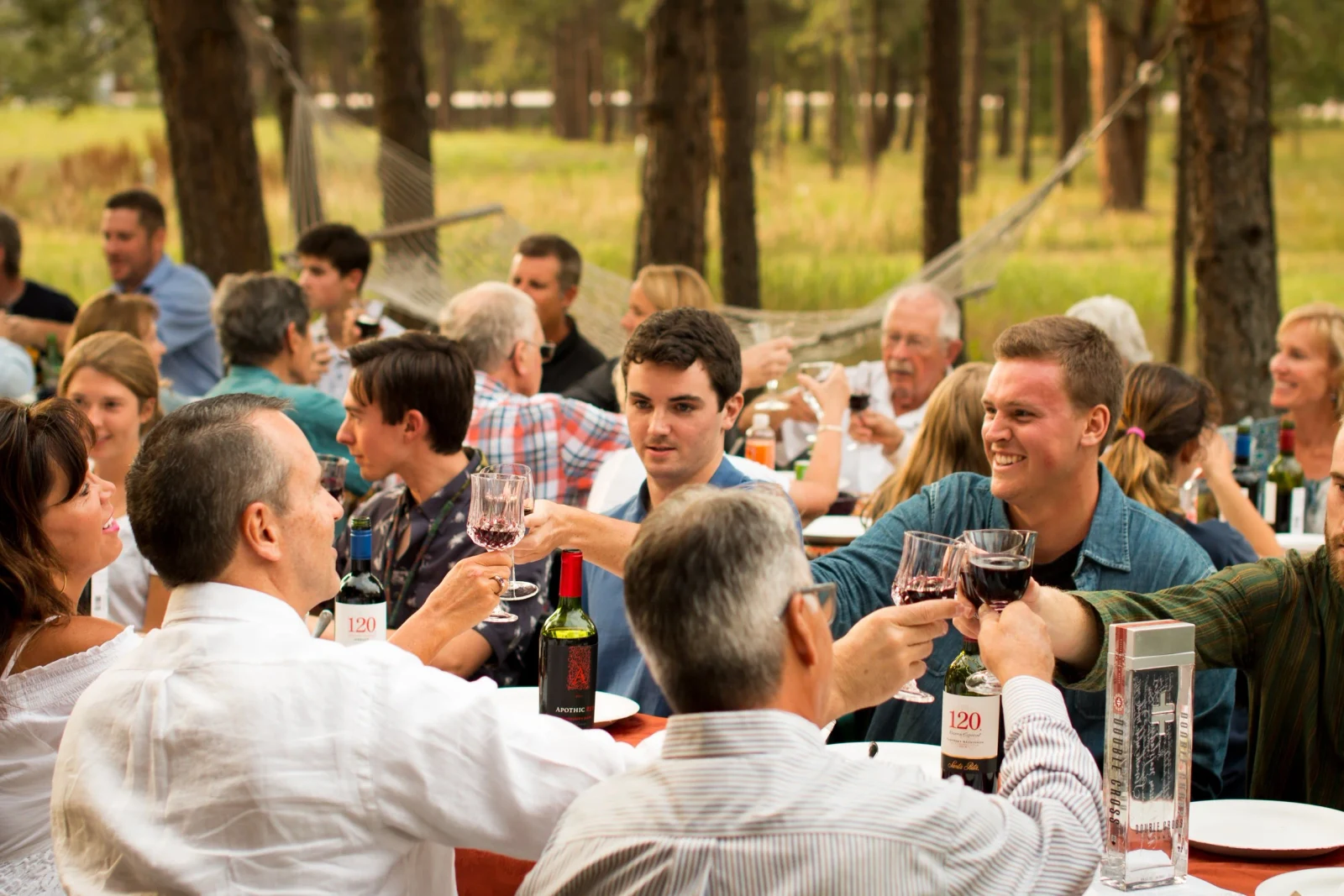 Guests raise glasses together at an outdoor Supra.