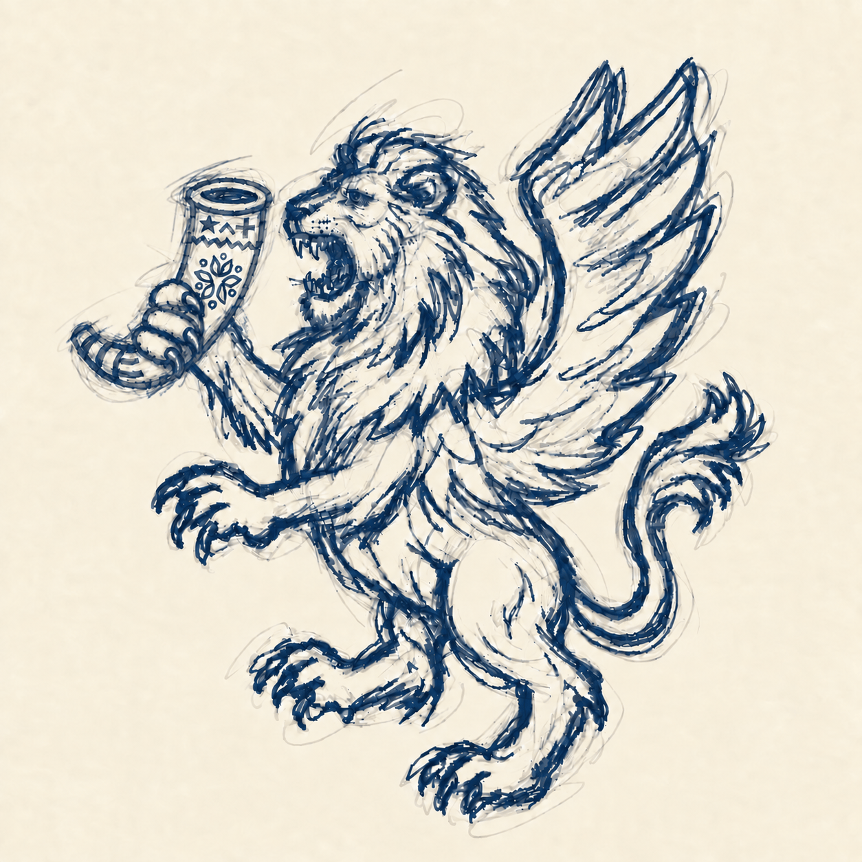 A winged lion holding a Georgian drinking horn.